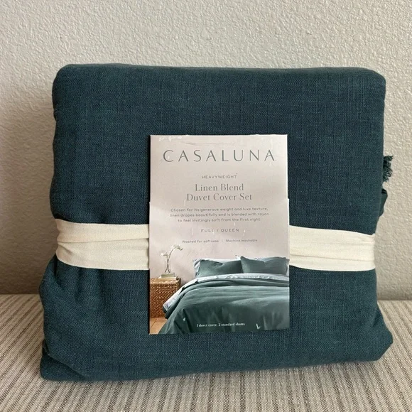 NWT Full/Queen Heavyweight Linen Blend Duvet Cover & Sham Set Dark Teal Blue - Picture 1 of 6
